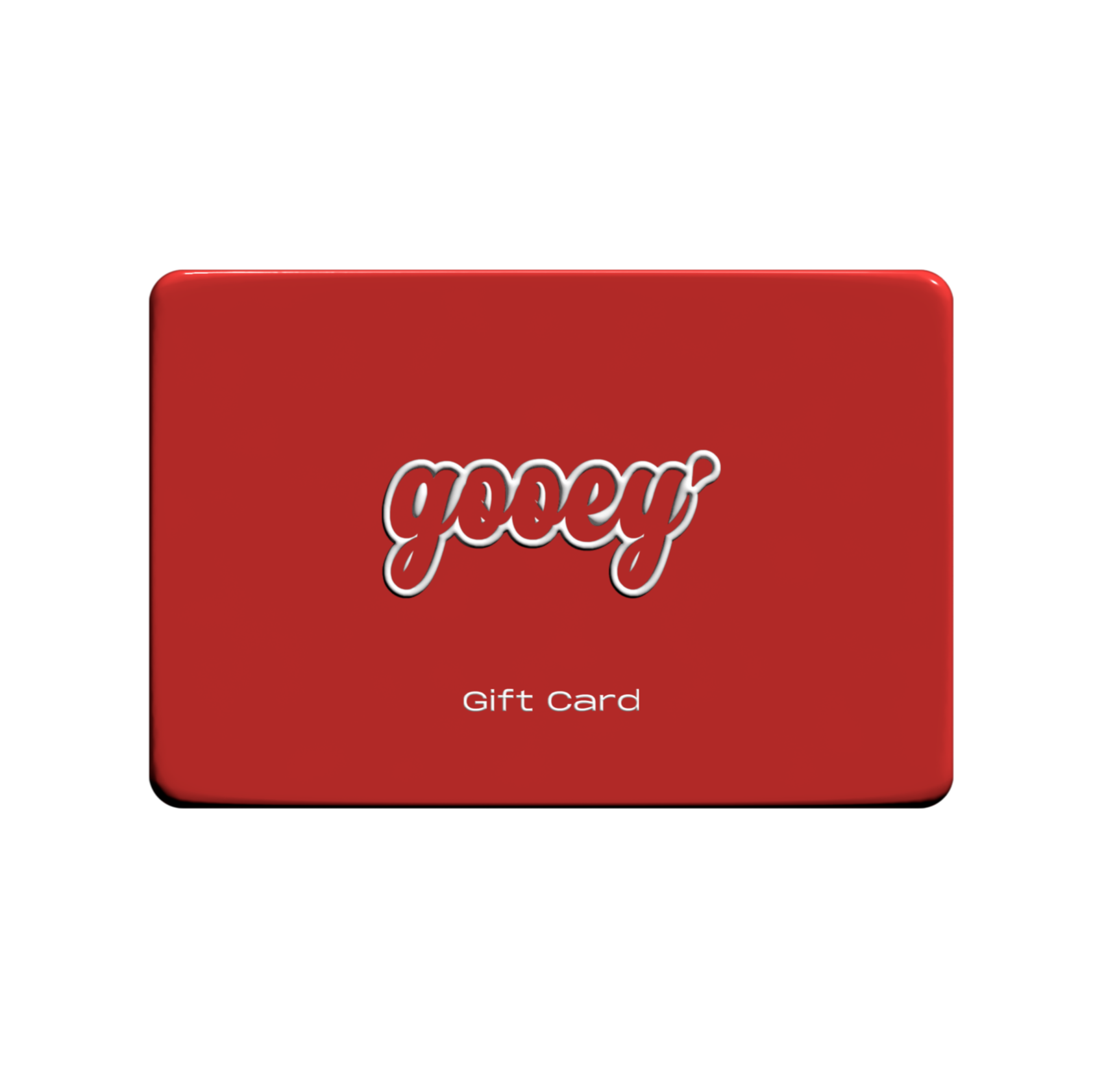 Red gift card with 'Gooey' branding on a white background